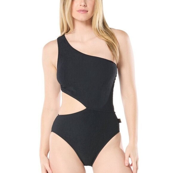 MICHAEL Michael Kors Women's Ribbed One-Shoulder Side-Cutout Swimsuit Black 14 - Picture 1 of 5